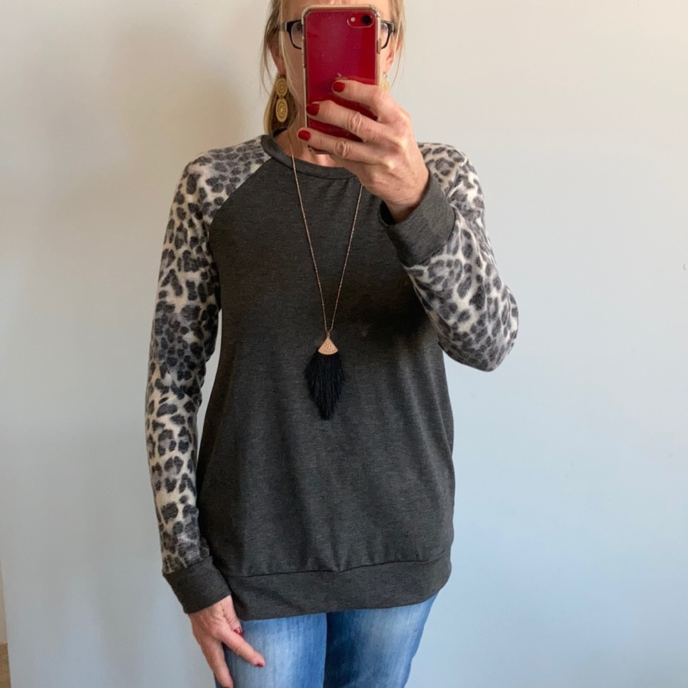 Leopard Print & Grey Tunic Top - Picture 2 of 8